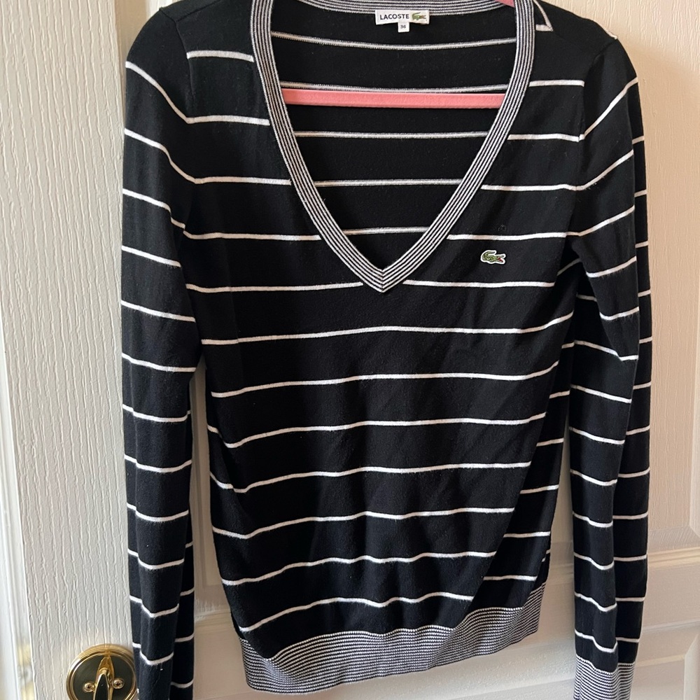 Lacoste Black and White v-neck Striped Sweater